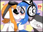  !? 2girls blue_eyes blue_hair blush commentary_request domino_mask eromame eyebrows goggles goggles_on_head headphones heart inkling kiss long_hair mask multiple_girls orange_hair pulled_by_another pulling splatoon surprised tears tentacle_hair thick_eyebrows white_skin yuri 