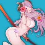  1girl ass bikini black_eyes blue_background blush braid breasts covered_nipples flower granblue_fantasy hair_flower hair_ornament hair_over_one_eye holding horns katana large_breasts looking_at_viewer moriko06 narumeia_(granblue_fantasy) open_mouth purple_hair shiny shiny_skin side-tie_bikini sideboob simple_background solo swimsuit sword weapon wet 