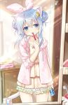  1girl animal_ears blue_eyes blue_hair bow brushing_teeth cat_ears cat_tail double_bun hair_bow hair_ornament hairclip hood hoodie mint_(mitsuki) mitsuki sleepwear sleepy tail toothbrush 