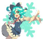  1girl blue_eyes blue_hair bow cheong_ha cirno hair_bow no_wings open_mouth snowflakes solo touhou 