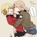  2girls arms_around_waist blonde_hair bomber_jacket closed_eyes cup darjeeling dated denim denim_shorts girls_und_panzer hug incipient_kiss jacket kay_(girls_und_panzer) long_hair multiple_girls ree_(re-19) short_hair shorts tan_background teacup thigh-highs translation_request uniform white_legwear yuri 