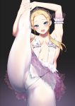  1girl :d aida_takanobu armpits arms_up ballerina blonde_hair blue_eyes blush breasts character_request dancing gradient gradient_background head_tilt highres leg_up looking_at_viewer navel open_mouth pantyhose sideboob sidelocks simple_background skirt smile solo tiara white_legwear 