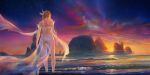  1girl armband ass aurora bare_shoulders highres island long_hair panties see-through shitub52 shoulder_blades sky solo star sunset underwear wading water 