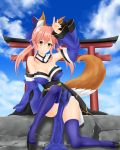  1girl absurdres animal_ears blue_legwear blush breasts caster_(fate/extra) cleavage detached_sleeves fate/extra fate/grand_order fate/stay_night fate_(series) fox_ears fox_tail hair_ribbon highres japanese_clothes large_breasts looking_at_viewer pink_hair ribbon solo tail tamamo_cat_(fate/grand_order) yellow_eyes 