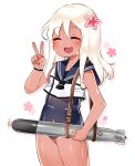  1girl :3 blonde_hair closed_eyes crop_top flower geggu hair_flower hair_ornament kantai_collection long_hair one-piece_tan ro-500_(kantai_collection) sailor_collar school_swimsuit swimsuit swimsuit_under_clothes tan tanline torpedo v 