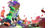  1boy bike_shorts closed_mouth dark_skin domino_mask high_ponytail ink ink_tank_(splatoon) inkling inkzooka_(splatoon) male mask official_art pointy_ears purple_hair shirt shoes simple_background splat_bomb_(splatoon) splatoon squid tentacle_hair wallpaper weapon white_background 
