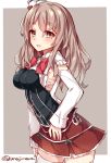  1girl brown_eyes brown_hair kantai_collection long_hair open_mouth pola_(kantai_collection) skirt smile solo thigh-highs twitter_username unacchi_(nyusankin) wavy_hair 