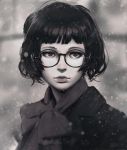  1girl artist_name bangs black-framed_glasses black_hair blunt_bangs coat expressionless glass greyscale guweiz lips monochrome nose original outdoors scarf short_hair snow solo upper_body watermark winter_clothes 