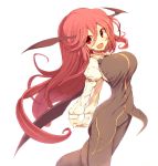  1girl :d alternate_costume arms_behind_back bat_wings black_pants black_vest blush breasts collared_shirt demon_girl eyebrows eyebrows_visible_through_hair hair_between_eyes head_wings juliet_sleeves koakuma kuresento large_breasts long_hair long_sleeves looking_at_viewer open_mouth pants puffy_sleeves red_eyes redhead shirt simple_background smile solo stretch succubus touhou very_long_hair vest white_background white_shirt wing_collar wings 
