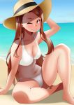  arm_support armpits beach breasts brown_eyes brown_hair collarbone hat holding holding_hat idolmaster idolmaster_2 looking_at_viewer midriff minase_iori ocean one_eye_closed sitting sky smile straw_hat swimsuit takano_(sora) thighs white_swimsuit 
