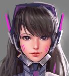  1girl bodysuit brown_eyes brown_hair d.va_(overwatch) facial_mark headphones long_hair looking_at_viewer overwatch solo yy6242 