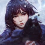  1girl bangs black_hair blurry bokeh bunny_hair_ornament coat depth_of_field expressionless gloves gun guweiz hair_ornament handgun head_tilt holding lips mittens nose original outdoors pistol scarf short_hair snow solo upper_body weapon winter_clothes winter_coat 