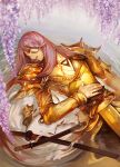  1boy afloat armor flower hachisuka_kotetsu highres long_hair male_focus petals pink_hair profile raya_na_chiangmai ripples sheath sheathed solo sword touken_ranbu weapon 