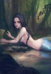  1girl arm_support black_hair forest grey_eyes highres lips long_hair mamara mermaid monster_girl nature reflection scales solo tree water 