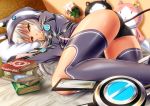  1girl altina_orion animal_hood bed black_legwear black_panties book doll eiyuu_densetsu flower green_eyes hood long_hair looking_at_viewer lying on_side panties pillow sen_no_kiseki solo thigh-highs underwear white_hair yamaoyaji 