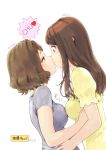  2girls blush breast_press brown_eyes brown_hair carina_(xiaowoo) character_name eye_contact heart highres kiss long_hair looking_at_another multiple_girls original short_hair simple_background sweatdrop symmetrical_docking upper_body white_background yuri 