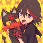  1girl alcoholrang cat kill_la_kill licking litten_(pokemon) matoi_ryuuko pokemon pokemon_(creature) senketsu single_glove violet_eyes 