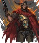  1boy black_hair cape cigar cowboy_hat gloves gun handgun hat holster male_focus mccree_(overwatch) overwatch revolver solo weapon yy6242 