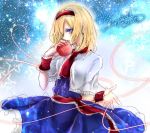  1girl alice_margatroid apple artist_name belt blonde_hair blue_dress capelet character_name cowboy_shot dress food frilled_cuffs frills fruit heart holding holding_fruit looking_at_viewer necktie open_mouth red_necktie shanghai_bisu short_hair solo star touhou wrist_cuffs 