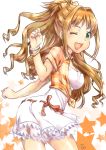  1girl akizuki_wataru bow bracelet cowboy_shot dress from_behind hair_bow high_ponytail highres hino_akane_(idolmaster) idolmaster idolmaster_cinderella_girls jewelry light_brown_hair long_hair looking_at_viewer looking_back one_eye_closed open_mouth shirt solo star sundress tied_shirt 