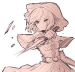 1girl attack belt dagger djeeta_(granblue_fantasy) dress elbow_gloves frown gloves granblue_fantasy hermit_(granblue_fantasy) holding hood sherad short_hair simple_background solo weapon white_background 