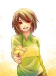  :d androgynous brown_hair chara_(undertale) collared_shirt dated flower highres holding holding_flower open_mouth panther_fam. red_eyes shirt signature smile solo spoilers striped striped_shirt undertale upper_body 