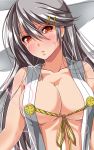  1girl ar_(lover_boy) bangs bare_arms bare_shoulders blush breasts center_opening cleavage collarbone hair_between_eyes hair_ornament hairclip haruna_(kantai_collection) heart heart-shaped_pupils highres kantai_collection large_breasts long_hair looking_at_viewer nontraditional_miko nose_blush orange_eyes parted_lips sideboob silver_hair solo sweat swept_bangs symbol-shaped_pupils upper_body 