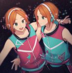  2boys :d aoi_hinata aoi_yuuta black_background brothers ensemble_stars! green_eyes headphones highres light_smile looking_at_another multiple_boys open_mouth orange_hair seica siblings sky sleeveless smile sparkle star_(sky) starry_sky twins wristband 