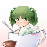  1girl bbb_(33kudo) cream cup gradient gradient_background green_eyes green_hair hair_bobbles hair_ornament hand_on_own_chin in_container in_cup kisume lipstick_mark looking_at_viewer simple_background smile solo spoon sugar_cube teacup touhou twintails 