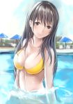  1girl anegasaki_nene bare_shoulders bikini bikini_top breasts cleavage collarbone long_hair looking_at_viewer love_plus mole nannacy7 partially_submerged sky smile solo swimsuit umbrella upper_body water wet wet_hair yellow_bikini 