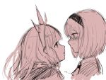  2girls blush cagliostro_(granblue_fantasy) commentary_request djeeta_(granblue_fantasy) granblue_fantasy hairband long_hair looking_at_another multiple_girls nose_blush open_mouth profile sherad short_hair simple_background tears upper_body white_background 