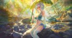  1girl bare_shoulders bridal_gauntlets brown_eyes drill_hair forest highres leaf nature navel parted_lips rock shitub52 silver_hair smile stream thigh-highs tree wings 