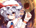  1girl artist_request bat_wings blue_hair blush cup drinking_glass fang hat pointy_ears red_eyes remilia_scarlet short_hair smile solo touhou wine_glass wings wrist_cuffs 