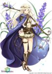  1girl belt blonde_hair bow_(weapon) cape circlet city_forest_online copyright_name flower flower_knight_girl liriope_(flower_knight_girl) long_hair looking_at_viewer official_art pointy_ears sandals single_glove skirt smile solo standing violet_eyes weapon 