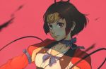  1girl brown_eyes brown_hair helmet koutetsujou_no_kabaneri koyorin looking_at_viewer mumei_(kabaneri) pink_background ribbon short_hair simple_background solo 