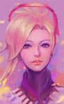  1girl blonde_hair blue_eyes highres long_hair looking_at_viewer makeup mascara mechanical_halo mercy_(overwatch) overwatch solo yy6242 