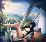  1girl bakemonogatari balcony bandages barefoot basketball black_hair book breasts chair cherry_blossoms city clouds crossed_legs curtains denim denim_shorts feet glass_table hanamonogatari highres huykho192 kanbaru_suruga legs_up long_hair midriff monogatari_(series) open_clothes open_shirt petals ponytail railing red_eyes shirt shorts sitting sky smile stairs table torii window wooden_floor zipper 