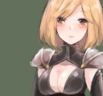  1girl blonde_hair blush breasts brown_eyes cleavage djeeta_(granblue_fantasy) granblue_fantasy green_background looking_at_viewer marksman_(granblue_fantasy) parted_lips sherad short_hair shoulder_pads simple_background solo upper_body 