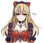  1girl bangs black_bow blonde_hair blush bow breasts cleavage collarbone double_v dress empty_eyes granblue_fantasy hair_bow long_hair looking_at_viewer purple_ribbon red_dress red_eyes ribbon sherad shoulder_pads simple_background smile solo upper_body v vira white_background 