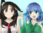  2girls animal_ears aqua_background aqua_eyes black_hair blue_hair blush drill_hair eye_contact head_fins imaizumi_kagerou long_hair long_sleeves looking_at_another multiple_girls open_mouth red_eyes short_hair smile touhou tyouseki upper_body wakasagihime wide_sleeves wolf_ears 