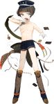  1boy armor bob_cut boots brown_eyes brown_hair full_body gloves hat hirano_toushirou injury japanese_armor kiwame_(touken_ranbu) kusazuri male_focus official_art open_mouth peaked_cap shirtless short_hair shorts solo suneate tantou toinana torn_clothes touken_ranbu transparent_background white_gloves 