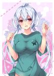  1girl :d ahoge blush breasts eyebrows eyebrows_visible_through_hair green_shirt hands_up large_breasts long_hair matoi_(pso2) milkpanda open_mouth phantasy_star phantasy_star_online_2 pink_background red_eyes shirt short_sleeves silver_hair smile solo t-shirt twintails upper_body 