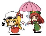  0_0 2girls :d =_= beret blonde_hair blush_stickers bow chasing chibi china_dress chinese_clothes commentary_request dress flandre_scarlet floating flying_sweatdrops full_body hat hat_bow holding hong_meiling kou512a laevatein long_hair mob_cap multiple_girls open_mouth parasol redhead running shadow shoes short_hair short_sleeves side_ponytail side_slit simple_background skirt skirt_set smile star sweatdrop touhou umbrella white_background wings 