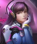  1girl bangs blush bodysuit breasts bunny_print chin_rest closed_mouth d.va_(overwatch) eyelashes gloves head_rest head_tilt headphones kaze_no_gyouja lips long_hair looking_at_viewer looking_to_the_side overwatch pink_eyes pink_lips purple_hair shiny shiny_skin solo swept_bangs upper_body white_gloves 