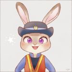    1girl animal_ears artist_name ayu_(mog) border face furry hat judy_hopps looking_at_viewer lowres open_mouth police police_uniform rabbit_ears solo uniform upper_body violet_eyes zootopia 