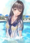  1girl anegasaki_nene long_hair looking_at_viewer love_plus mole nannacy7 partially_submerged school_uniform serafuku sky smile solo swimsuit swimsuit_under_clothes umbrella water wet wet_clothes 