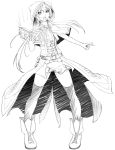  1girl ayase_tamaki belt book flower_knight_girl full_body highres hood lineart long_hair looking_at_viewer monochrome purple_tulip_(flower_knight_girl) shawl shoes skirt solo standing thigh-highs twintails 