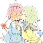  2girls =3 baron_(x5qgeh) blush blush_stickers cheek_kiss closed_eyes eyeball full-face_blush green_hair hair_ornament hairband hand_on_another&#039;s_chest heart heart_hair_ornament kiss komeiji_koishi komeiji_satori long_sleeves lowres multiple_girls no_hat open_mouth pink_hair short_hair siblings simple_background sisters smile string surprise_kiss surprised third_eye touhou white_background wide_sleeves 