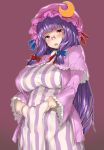  1girl absurdres bespectacled blue_bow blue_ribbon blush bow breasts crescent dress fang frilled_sleeves frills glasses hair_ribbon hat hat_ribbon highres large_breasts long_hair looking_at_viewer mob_cap open_mouth patchouli_knowledge plump po._(medamaoyazi) purple_hair red_bow red_ribbon ribbon simple_background solo striped striped_dress touhou very_long_hair violet_eyes 