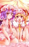  2girls :d barefoot blonde_hair cravat curtains flandre_scarlet hand_on_own_chest hat hat_ribbon highres knees_up looking_at_viewer mob_cap multiple_girls open_mouth purple_hair red_eyes remilia_scarlet ribbon samayoi short_hair short_sleeves siblings side_ponytail sisters sitting skirt skirt_set smile touhou wariza wings 